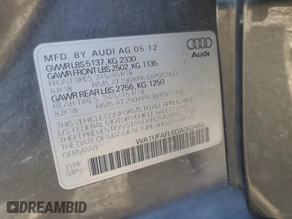 2013 Audi allroad Premium Plus with VIN WA1UFAFL6DA062455, listed as a Copart auction lot 76531944 with 101,005 mi miles and Salvage Title. Bid and sale history available at carsss.com. Image 12.