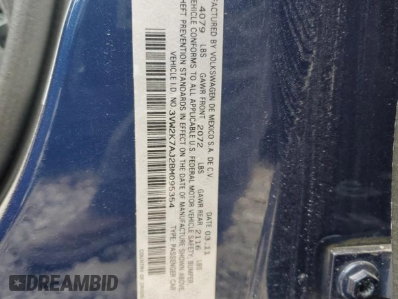 2011 Volkswagen Jetta Sedan S with VIN 3VW2K7AJ2BM095354, listed as a Copart auction lot 52350855 with 77,063 mi miles and Salvage Title. Bid and sale history available at carsss.com. Image 12.