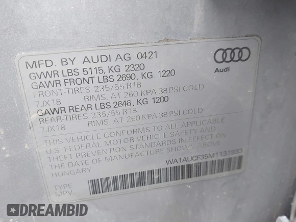 2021 Audi Q3 Premium with VIN WA1AUCF35M1131933, listed as a IAAI auction lot 41710739 with 93,293 mi miles and . Bid and sale history available at DreamBid. Image 9.