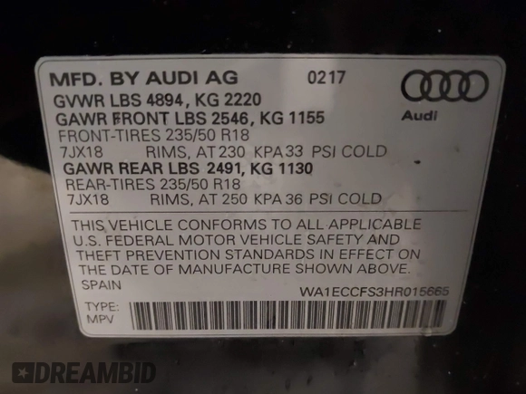 2017 Audi Q3 Premium with VIN WA1ECCFS3HR015665, listed as a IAAI auction lot 42080113 with 142,149 mi miles and . Bid and sale history available at DreamBid. Image 9.