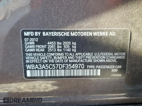 2013 BMW 3 Series 328i with VIN WBA3A5C57DF354970, listed as a Copart auction lot 52241315 with Not Provided miles and Salvage Title. Bid and sale history available at carsss.com. Image 14.