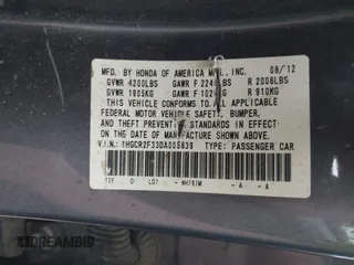 2013 Honda Accord LX z VIN 1HGCR2F33DA005839, wystawiony jako IAAI lot #42255181 z przebiegiem 133 733 mil mil oraz . Historia ofert i sprzedaży dostępna na DreamBid. Obrazek 9.