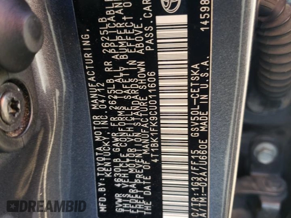 2012 Toyota Camry SE with VIN 4T1BK1FK9CU011606, listed as a Copart auction lot 88968675 with 134,873 mi miles and Salvage Title. Bid and sale history available at carsss.com. Image 12.