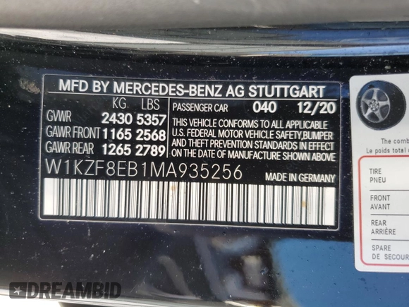 2021 Mercedes-Benz E-Class E 350 with VIN W1KZF8EB1MA935256, listed as a Copart auction lot 42143165 with 10,072 mi miles and Salvage Title. Bid and sale history available at carsss.com. Image 14.