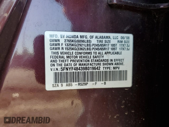 2009 Honda Pilot EX with VIN 5FNYF48439B019642, listed as a Copart auction lot 55782865 with 212,590 mi miles and Salvage Title. Bid and sale history available at DreamBid. Image 13.