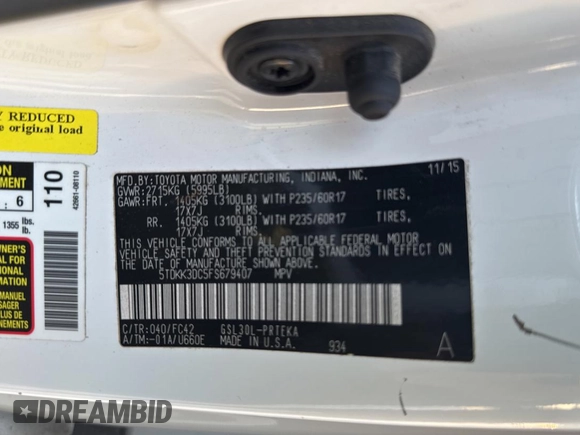 2015 Toyota Sienna LE AAS z VIN 5TDKK3DC5FS679407, wystawiony jako Copart lot #60572255 z przebiegiem 71 303 mil mil oraz Szkoda całkowita • Salvage title. Historia ofert i sprzedaży dostępna na DreamBid. Obrazek 10.