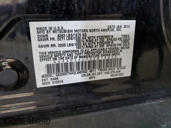 2013 Mitsubishi Outlander Sport SE with VIN 4A4AR4AU7DE014658, listed as a Copart auction lot 53683065 with 171,652 mi miles and Clean Title. Bid and sale history available at carsss.com. Image 12.