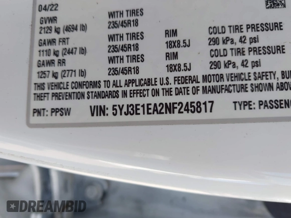2022 Tesla Model 3 with VIN 5YJ3E1EA2NF245817, listed as a IAAI auction lot 41976493 with 32,710 mi miles and . Bid and sale history available at DreamBid. Image 9.