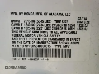 2018 Honda Pilot EX-L with VIN 5FNYF5H53JB008515, listed as a Copart auction lot 47343385 with 77,221 mi miles and Salvage title. Bid and sale history available at DreamBid. Image 14.