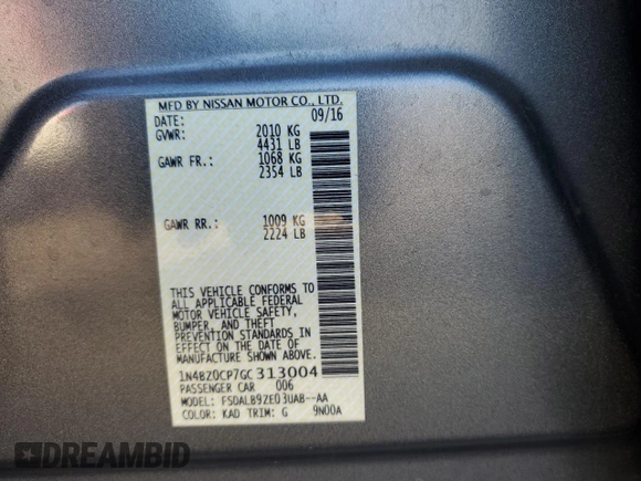 2016 Nissan LEAF SL with VIN 1N4BZ0CP7GC313004, listed as a Copart auction lot 43732005 with 81,574 mi miles and Salvage Title. Bid and sale history available at carsss.com. Image 13.