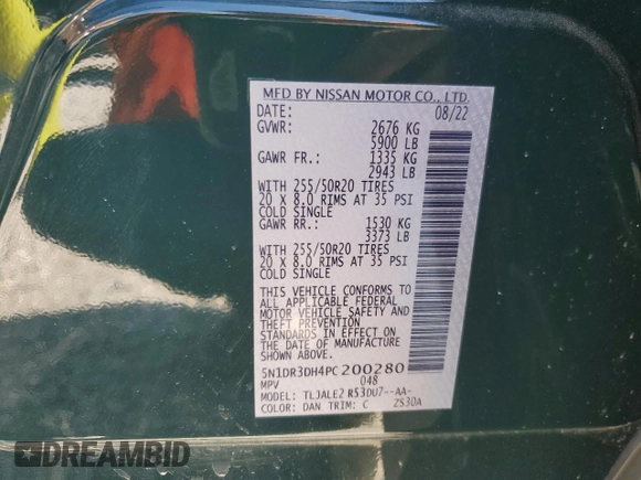 2023 Nissan Pathfinder Platinum z VIN 5N1DR3DH4PC200280, wystawiony jako Copart lot #48794295 z przebiegiem 44 240 mil mil oraz Szkoda całkowita • Salvage title. Historia ofert i sprzedaży dostępna na DreamBid. Obrazek 13.