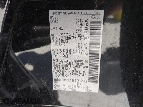 2020 Nissan Pathfinder SV with VIN 5N1DR2BN3LC617693, listed as a IAAI auction lot 41838832 with Not Provided miles. Bid and sale history available at carsss.com. Image 9.