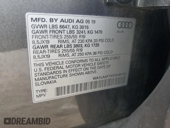 2019 Audi Q7 Premium Plus с VIN WA1LAAF7XKD045182, выставлен на аукционе Copart как лот 50975995 с пробегом 84 035 миль миль и На запчасти • Non repairable. История ставок и продаж доступна на DreamBid. Изображение 13.