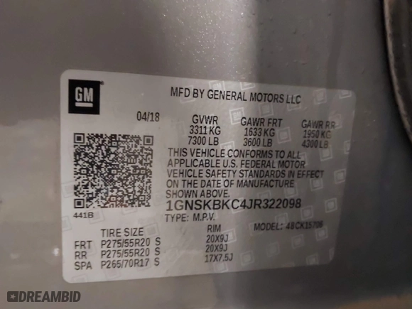 2018 Chevrolet Tahoe LT with VIN 1GNSKBKC4JR322098, listed as a IAAI auction lot 41531523 with 108,294 mi miles. Bid and sale history available at carsss.com. Image 9.
