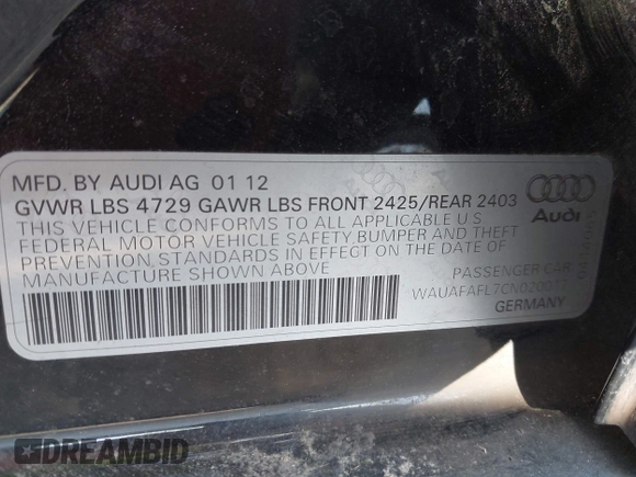 2012 Audi A4 2.0T Premium with VIN WAUAFAFL7CN020017, listed as a IAAI auction lot 41992384 with 152,399 mi miles. Bid and sale history available at carsss.com. Image 9.