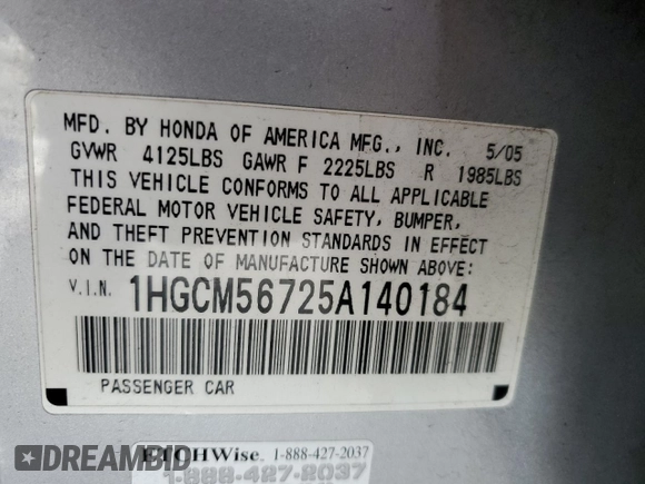 2005 Honda Accord EX z VIN 1HGCM56725A140184, wystawiony jako Copart lot #53382745 z przebiegiem 184 475 mil mil oraz Szkody całkowita. Historia ofert i sprzedaży dostępna na DreamBid. Obrazek 13.