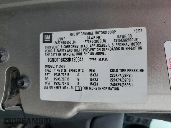 2003 Chevrolet Blazer LS z VIN 1GNDT13X23K120941, wystawiony jako Copart lot #47220845 z przebiegiem 100 245 mil mil oraz Szkoda całkowita • Salvage title. Historia ofert i sprzedaży dostępna na DreamBid. Obrazek 15.
