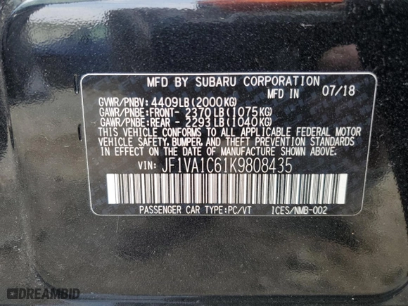 2019 Subaru WRX Premium with VIN JF1VA1C61K9808435, listed as a Copart auction lot 48590225 with 44,161 mi miles and Salvage Title. Bid and sale history available at carsss.com. Image 14.