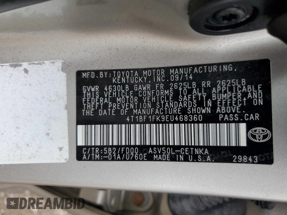2014 Toyota Camry L with VIN 4T1BF1FK9EU468360, listed as a Copart auction lot 62743544 with 83,706 mi miles and Salvage Title. Bid and sale history available at carsss.com. Image 14.