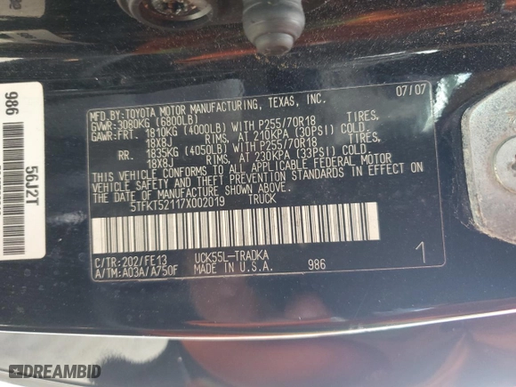 2007 Toyota Tundra with VIN 5TFKT52117X002019, listed as a Copart auction lot 46429105 with 184,454 mi miles and Salvage Title. Bid and sale history available at carsss.com. Image 14.
