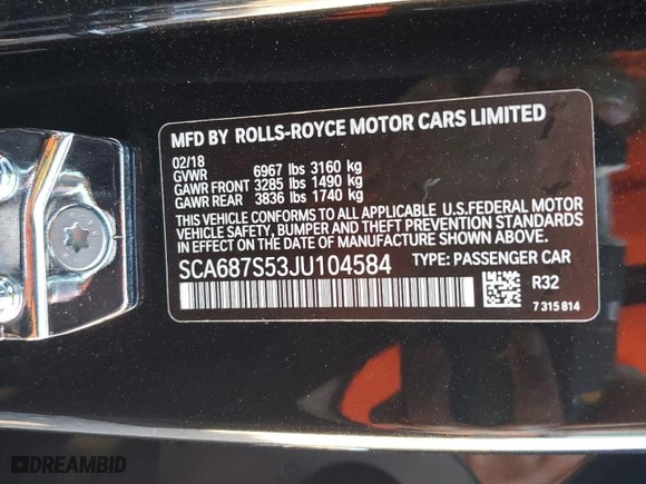 2018 Rolls-Royce Phantom with VIN SCA687S53JU104584, listed as a Copart auction lot 67137354 with NaN miles and Salvage Title. Bid and sale history available at carsss.com. Image 14.