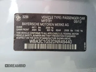 2013 BMW 3 Series 328i with VIN WBA3C1G52DNR49440, listed as a Copart auction lot 61546685 with 118,308 mi miles and Salvage title. Bid and sale history available at DreamBid. Image 12.