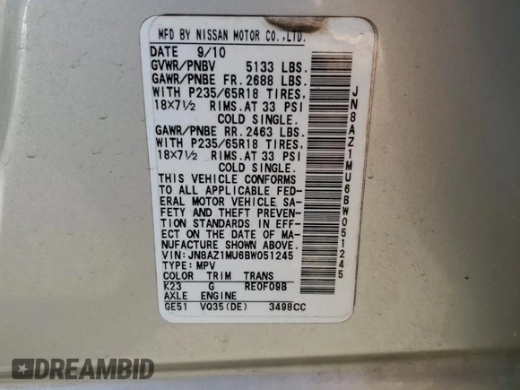 2011 Nissan Murano S with VIN JN8AZ1MU6BW051245, listed as a Copart auction lot 85516904 with 153,714 mi miles and Clean Title. Bid and sale history available at carsss.com. Image 13.