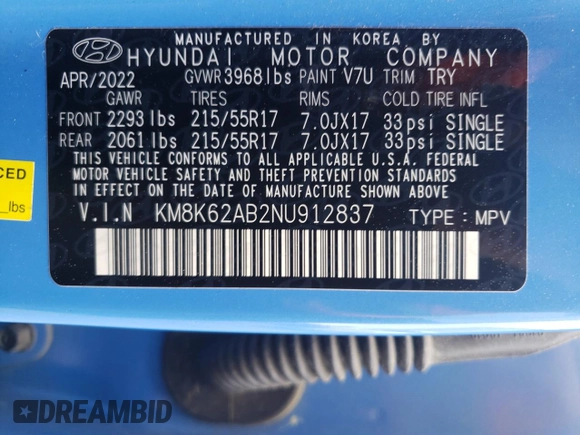 2022 Hyundai Kona SEL with VIN KM8K62AB2NU912837, listed as a Copart auction lot 50878275 with 87,325 mi miles and Salvage Title. Bid and sale history available at DreamBid. Image 13.