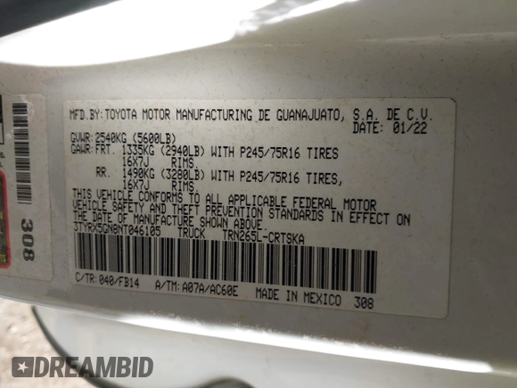 2022 Toyota Tacoma SR с VIN 3TYRX5GN8NT046105, выставлен на аукционе IAAI как лот 41405892 с пробегом 112 340 миль миль и . История ставок и продаж доступна на DreamBid. Изображение 9.
