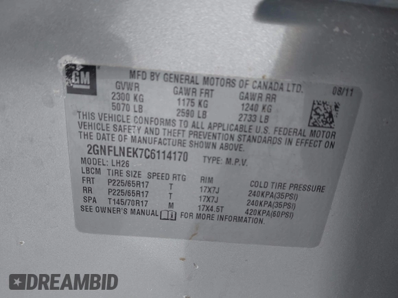 2012 Chevrolet Equinox 2LT with VIN 2GNFLNEK7C6114170, listed as a IAAI auction lot 41628988 with 235,747 mi miles and . Bid and sale history available at DreamBid. Image 9.