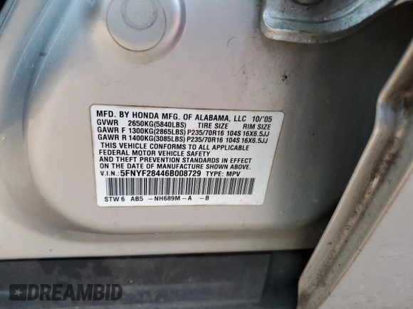2006 Honda Pilot EX with VIN 5FNYF28446B008729, listed as a Copart auction lot 77075504 with 356,586 mi miles and Salvage Title. Bid and sale history available at DreamBid. Image 13.