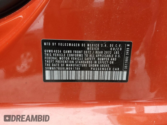 2020 Volkswagen Jetta S с VIN 3VWN57BU8LM091789, выставлен на аукционе Copart как лот 59525775 с пробегом 44 930 миль миль и Списание • Salvage title. История ставок и продаж доступна на DreamBid. Изображение 13.