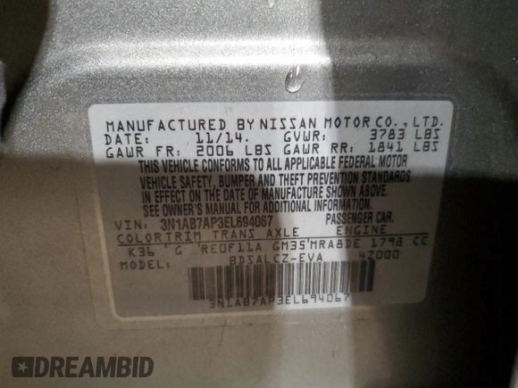 2014 Nissan Sentra S with VIN 3N1AB7AP3EL694067, listed as a Copart auction lot 84671214 with 149,709 mi miles and Salvage Title. Bid and sale history available at DreamBid. Image 14.