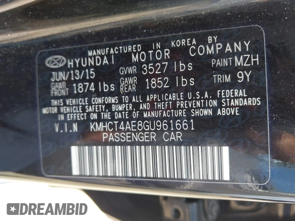 2016 Hyundai Accent SE with VIN KMHCT4AE8GU961661, listed as a IAAI auction lot 42470295 with 190,171 mi miles and . Bid and sale history available at DreamBid. Image 9.