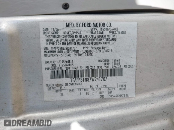 2007 Ford Focus S with VIN 1FAFP31N87W241707, listed as a IAAI auction lot 42019959 with Not Provided miles and . Bid and sale history available at carsss.com. Image 9.