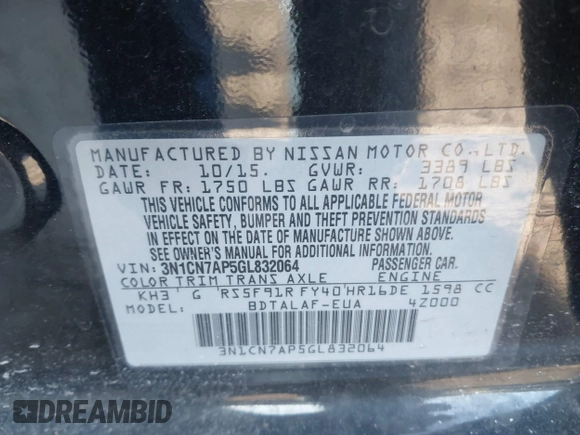 2016 Nissan Versa SV z VIN 3N1CN7AP5GL832064, wystawiony jako IAAI lot #41420008 z przebiegiem 80 890 mil mil oraz . Historia ofert i sprzedaży dostępna na DreamBid. Obrazek 9.