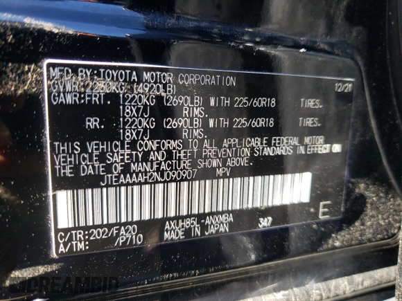 2022 Toyota Venza LE with VIN JTEAAAAH2NJ090907, listed as a Copart auction lot 60756884 with 61,847 mi miles and Salvage Title. Bid and sale history available at carsss.com. Image 13.