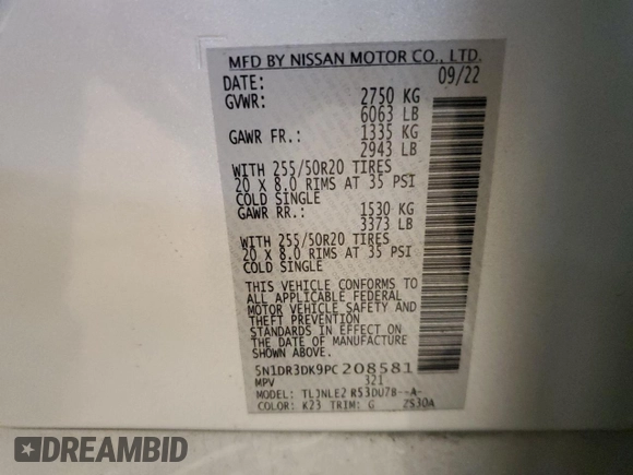 2023 Nissan Pathfinder Platinum with VIN 5N1DR3DK9PC208581, listed as a Copart auction lot 60142655 with 41,442 mi miles and Salvage title. Bid and sale history available at DreamBid. Image 13.
