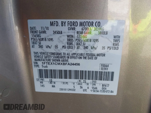 2011 Ford F-150 XL with VIN 1FTEX1CMXBFA24456, listed as a IAAI auction lot 41646554 with 156,076 mi miles. Bid and sale history available at carsss.com. Image 9.