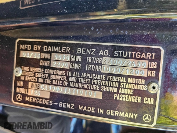 1988 Mercedes-Benz 560 with VIN WDBCA39D0JA410101, listed as a Copart auction lot 78961194 with 247,459 mi miles and Clean Title. Bid and sale history available at DreamBid. Image 10.