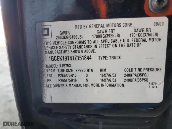 2001 Chevrolet Silverado 1500 LT with VIN 1GCEK19T41Z151844, listed as a Copart auction lot 45010735 with 328,563 mi miles and Salvage Title. Bid and sale history available at carsss.com. Image 12.
