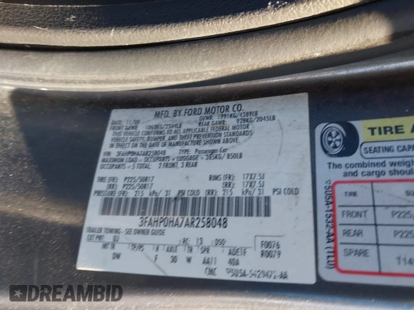 2010 Ford Fusion SE with VIN 3FAHP0HA7AR258048, listed as a IAAI auction lot 41208669 with 157,985 mi miles. Bid and sale history available at carsss.com. Image 9.