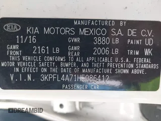 2017 Kia Forte S with VIN 3KPFL4A71HE086412, listed as a IAAI auction lot 42004117 with 201,729 mi miles and . Bid and sale history available at DreamBid. Image 9.