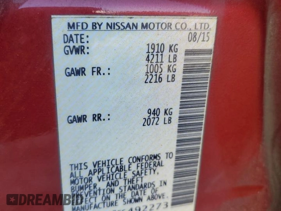 2015 Nissan Altima S with VIN 1N4AL3AP7FC492273, listed as a Copart auction lot 52387645 with 170,356 mi miles and Salvage Title. Bid and sale history available at DreamBid. Image 12.