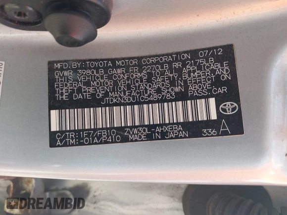 2012 Toyota Prius One z VIN JTDKN3DU1C5489783, wystawiony jako IAAI lot #42376357 z przebiegiem 246 966 mil mil oraz . Historia ofert i sprzedaży dostępna na DreamBid. Obrazek 9.