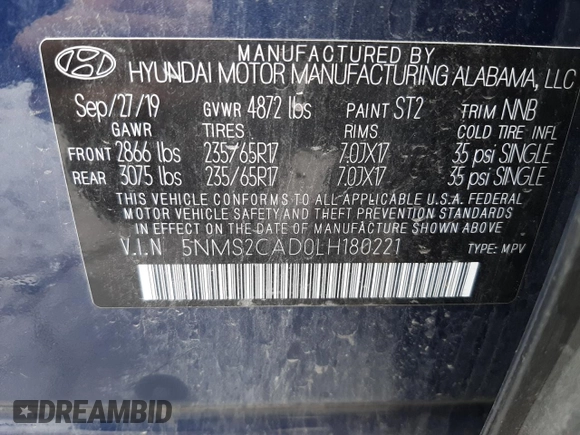 2020 Hyundai Santa Fe SE with VIN 5NMS2CAD0LH180221, listed as a Copart auction lot 55202262 with 0 mi miles. Bid and sale history available at carsss.com. Image 10.
