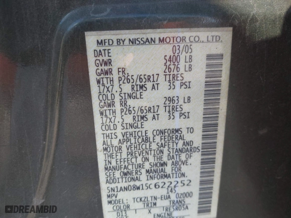 2005 Nissan Xterra S with VIN 5N1AN08W15C622252, listed as a IAAI auction lot 41884375 with 1 mi miles. Bid and sale history available at carsss.com. Image 9.