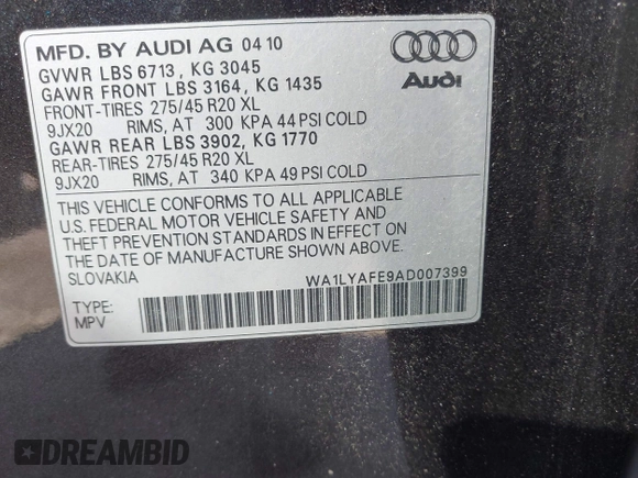 2010 Audi Q7 Premium Plus with VIN WA1LYAFE9AD007399, listed as a IAAI auction lot 42861126 with 147,855 mi miles and . Bid and sale history available at DreamBid. Image 9.