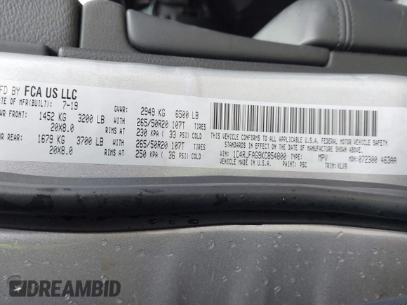 2019 Jeep Grand Cherokee Upland with VIN 1C4RJFAG9KC854800, listed as a IAAI auction lot 41997681 with 64,210 mi miles and . Bid and sale history available at DreamBid. Image 9.
