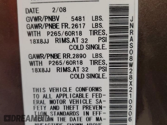 2008 Infiniti FX with VIN JNRAS08W28X210206, listed as a Copart auction lot 55919345 with 186,927 mi miles and Salvage title. Bid and sale history available at DreamBid. Image 14.